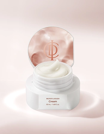 Open ICD Radiansome 100 Microfluidizer Cream jar on a soft blush background