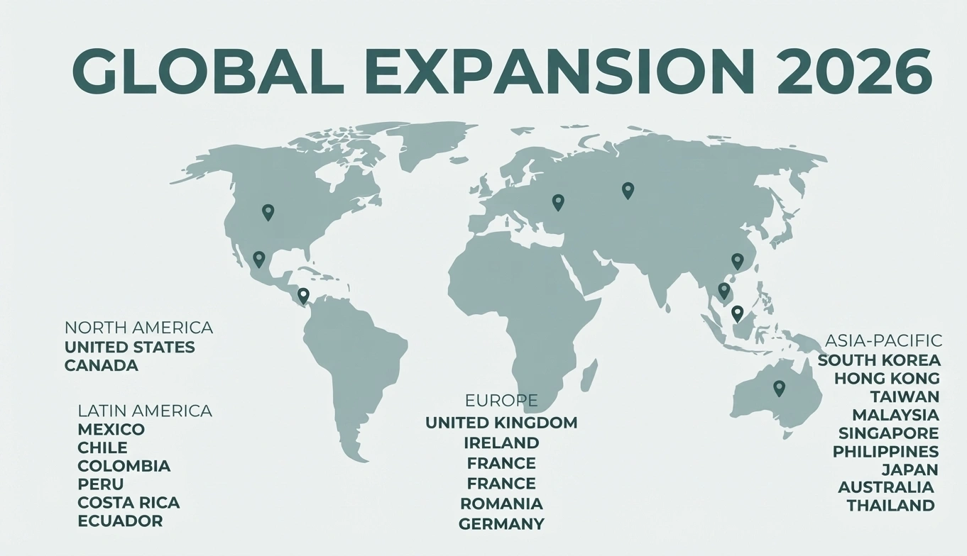 RIMAN Global Expansion 2026 map showing markets across North America, Latin America, Europe, and Asia-Pacific
