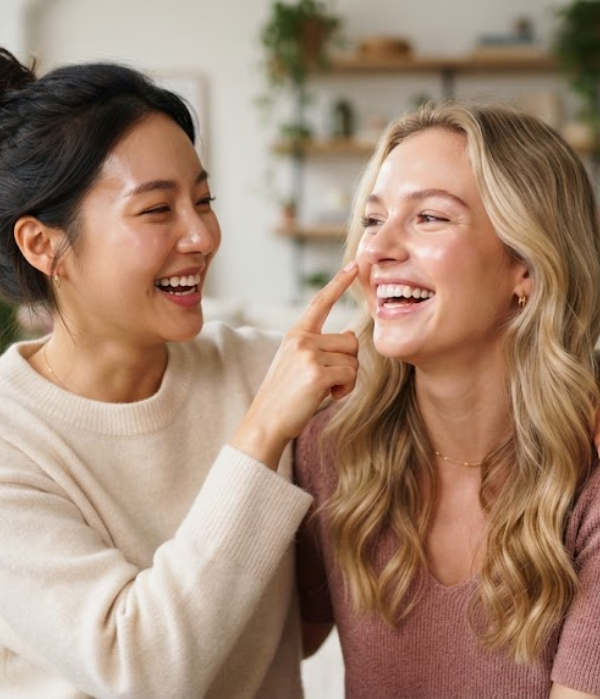 Friends enjoying a playful skincare moment together