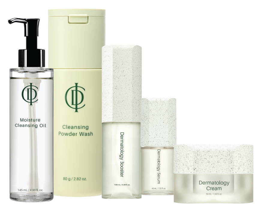 RIMAN Korean skincare product lineup: Moisture Cleansing Oil, Cleansing Powder Wash, Dermatology Booster, Dermatology Serum and Dermatology Cream